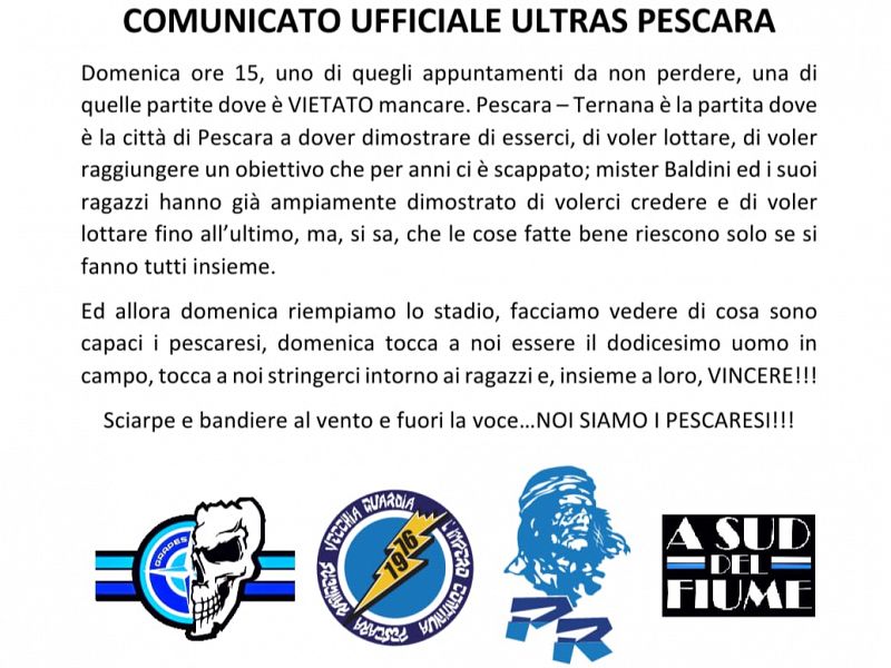 Comunicato ufficiale Ultras Pescara, foto 1